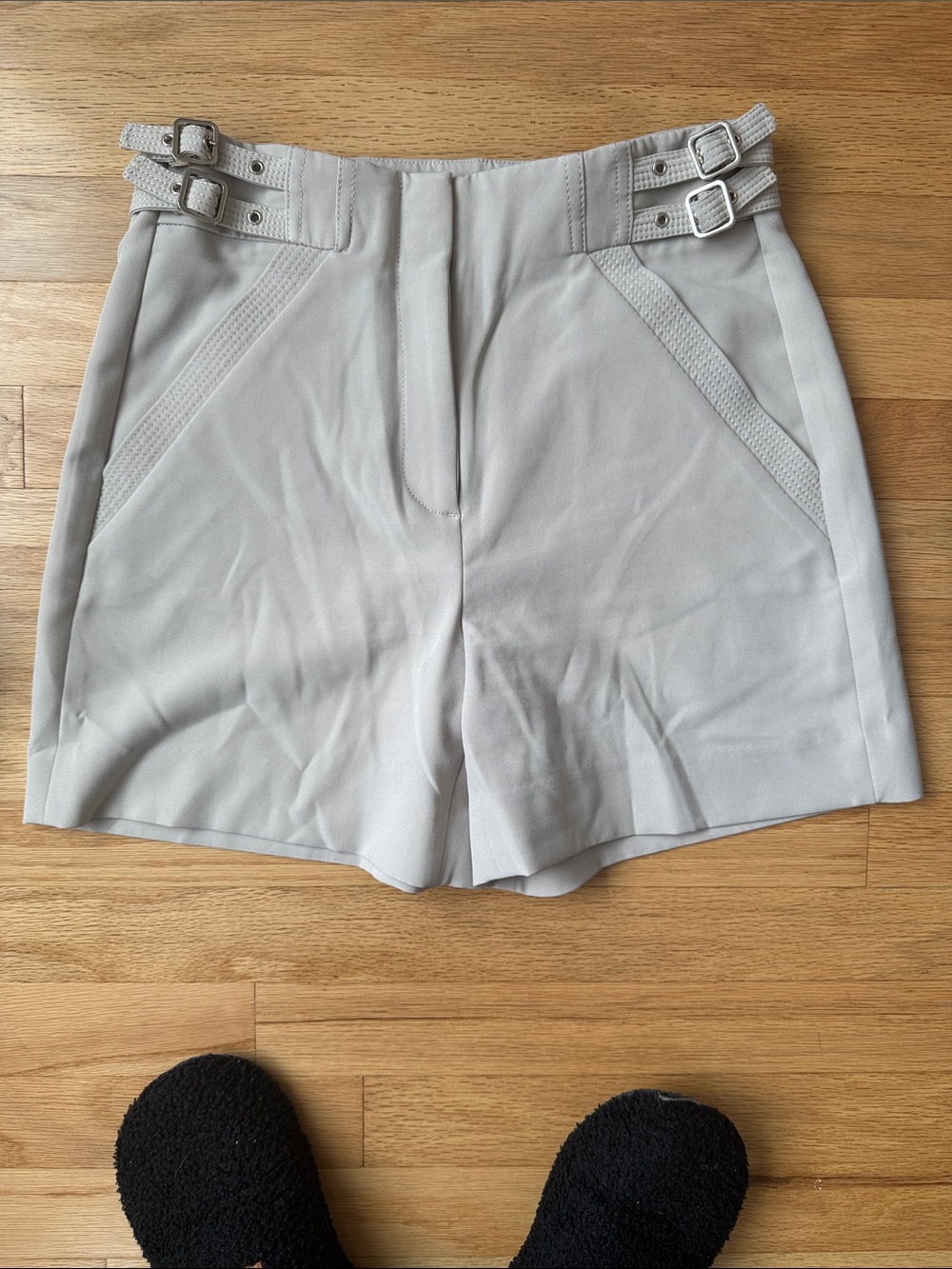 White House Black Market Cream High-Waist Buckle Detail Shorts